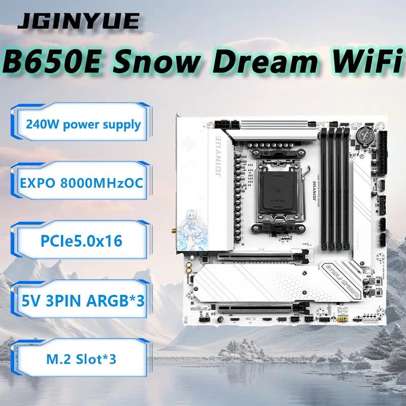 JGINYUE B650E Snow Dream WiFi Motherboard M-ATX For AMD Ryzen 9000series Desktop DDR5 128GB RAM PCIe5.0 support update Zen6