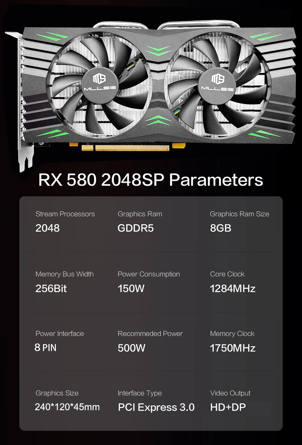 MLLSE Gaming Graphics Card AMD Radeon RX580 2048SP 8GB GDDR5 256-bit PCIe 3.0 x16 8Pin GPU Computer Desktops placa de video card