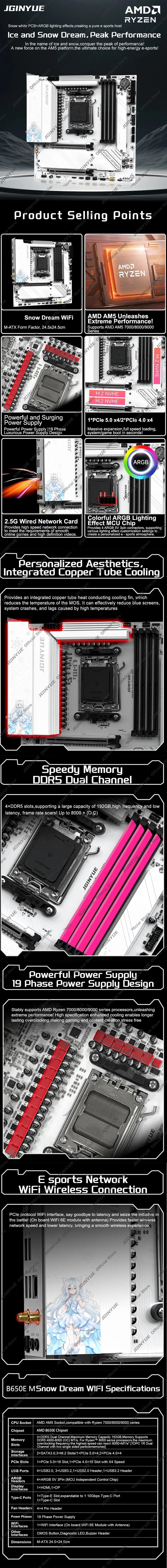 JGINYUE B650E Snow Dream WiFi Motherboard M-ATX For AMD Ryzen 9000series Desktop DDR5 128GB RAM PCIe5.0 support update Zen6