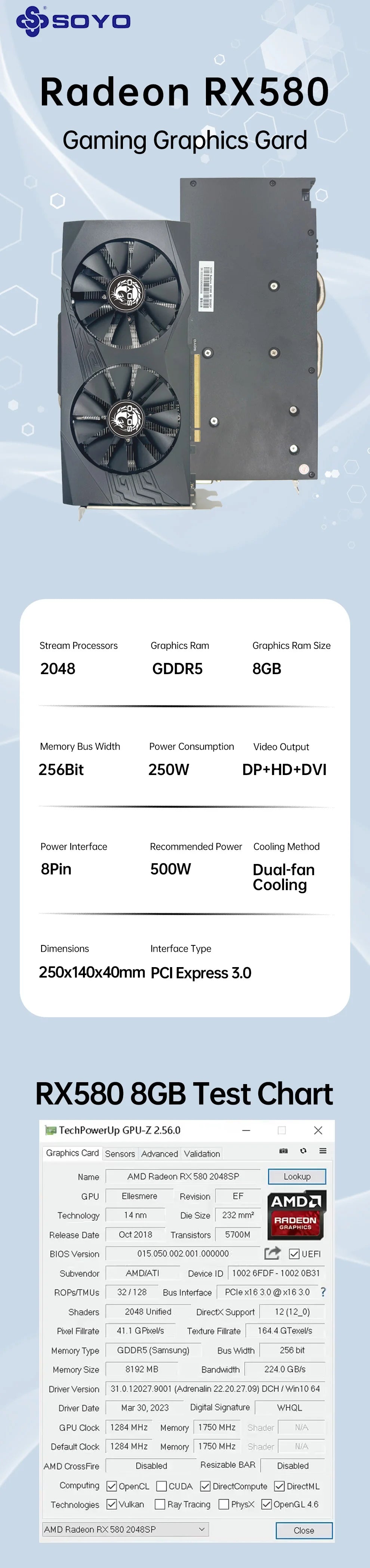SOYO Graphics Cards Radeon RX580 8G GDDR5 Memory Video Gaming Card PCIE3.0x16 GPU Desktop Computer Components AMD RX 580 8G