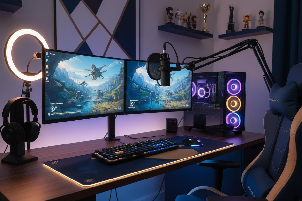 I want a 4:3 image that depicts a streaming gaming setup